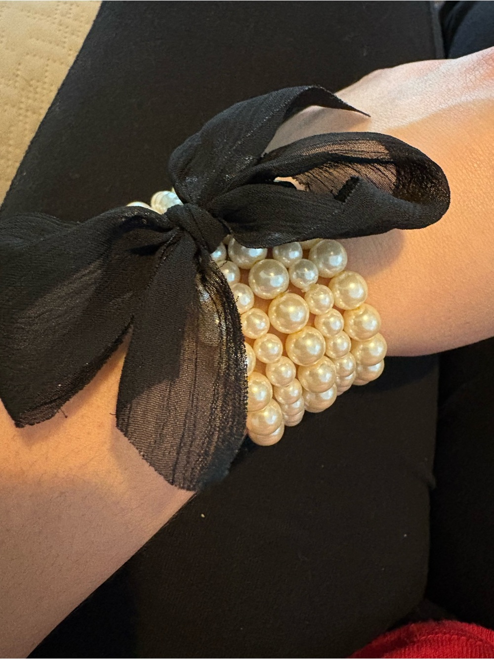 Faux-Pearl Multi-Strand Bracelet with Black Bow